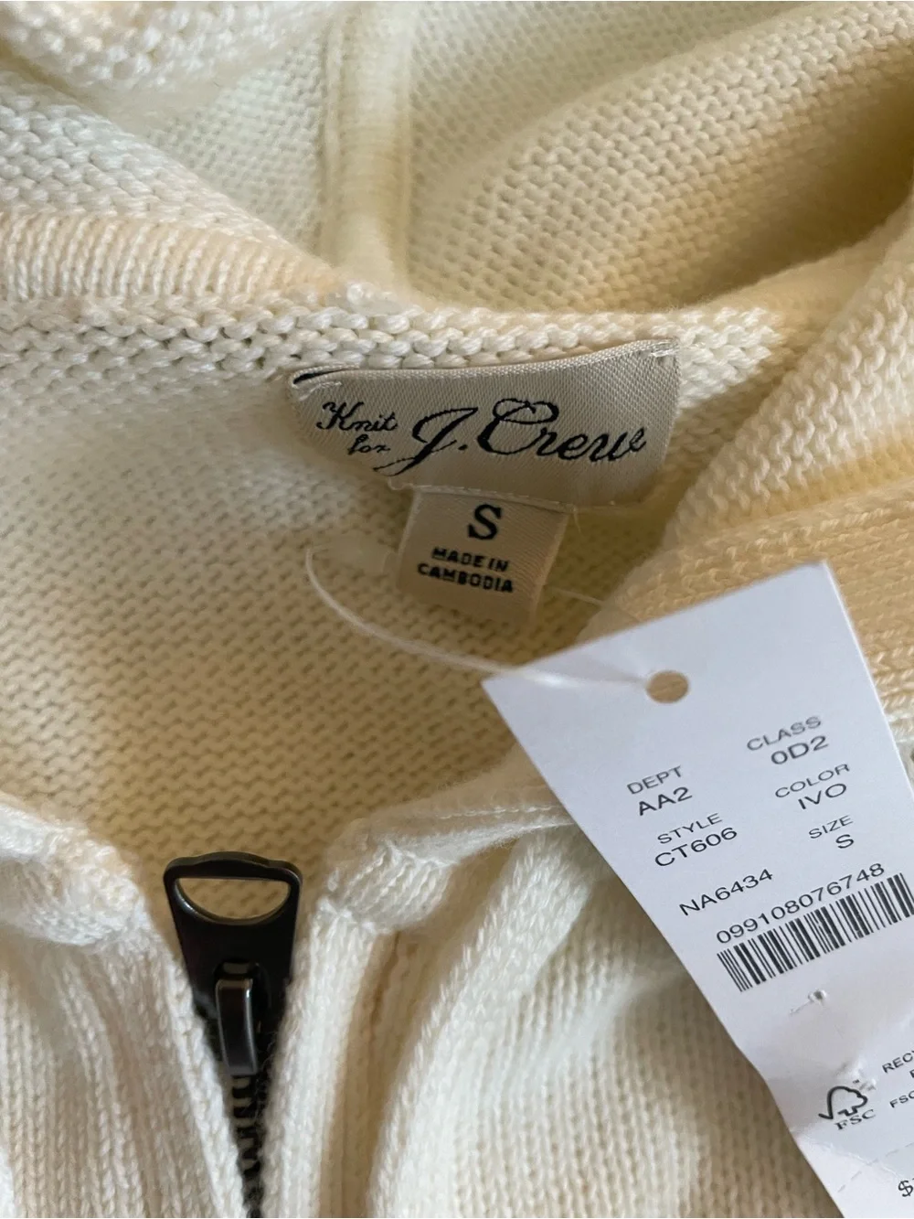 J. CREW Heritage cotton hooded full-zip sweater in Ivory Size S NWT $128 CT606